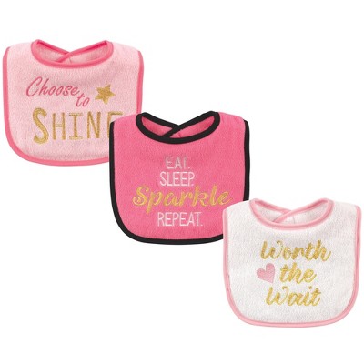 Luvable Friends Baby Girl Cotton Drooler Bibs with Fiber Filling 3pk, Sparkle, One Size