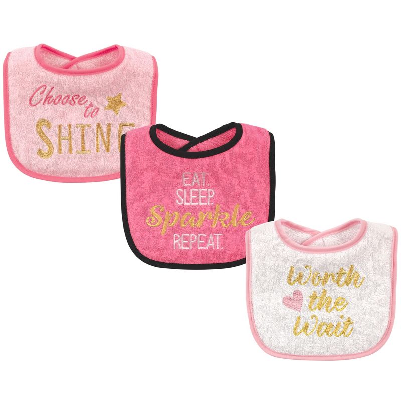 Luvable Friends Baby Girl Cotton Drooler Bibs with Fiber Filling 3pk, Sparkle, One Size, 1 of 3
