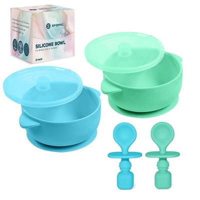 Image of Sperric Silicone Suction Baby Bowl with Lid - BPA Free - 100% Food Grade Silicone - Infant Babies and Toddler Self Feeding (Blue/Green)