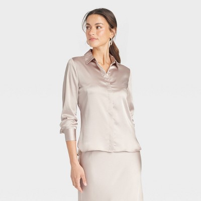 Women's Long Sleeve Satin Button-Down Shirt - A New Day™
