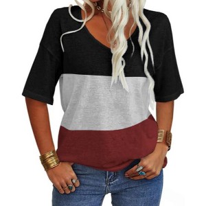 Imily Bela Women's Fashion V-Neck T-Shirt with Short Sleeves and Color-Block Basic Top - 1 of 4