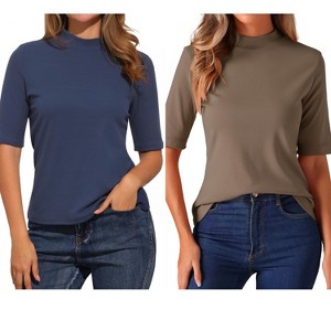 INSPIRE CHIC Women's Half Sleeve Casual Turtleneck Solid Elastic Soft T-Shirts 2 Packs - 1 of 4