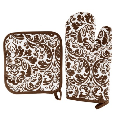 Oven Mitt And Pot Holder Set, Quilted And Flame And Heat Resistant By Hastings Home (Chocolate)