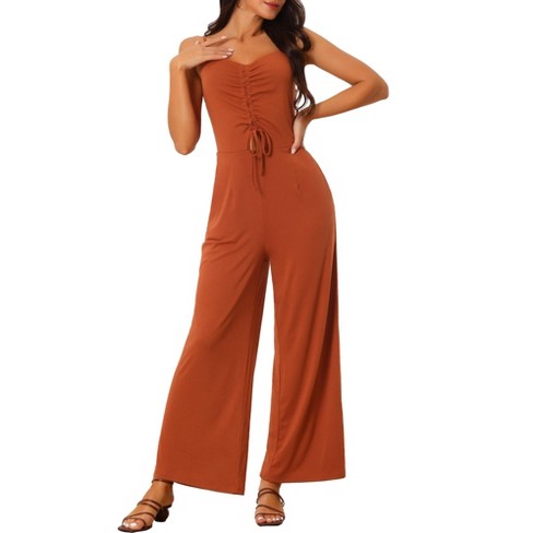 Seta T Women s Spaghetti Straps Ruched Drawstring Wide Leg Jumpsuits Brick Red X large Target