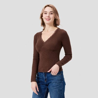 Women's Long Sleeve Lace Trim V-Neck T-Shirt - A New Day™