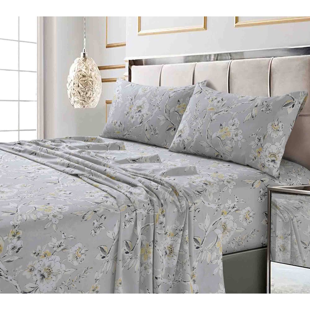 Photos - Bed Linen Queen 300 Thread Count Printed Pattern Sateen Sheet Set Silver Gray Colmar - Tribeca Living: Cotton Deep Pocket Floral Beddi