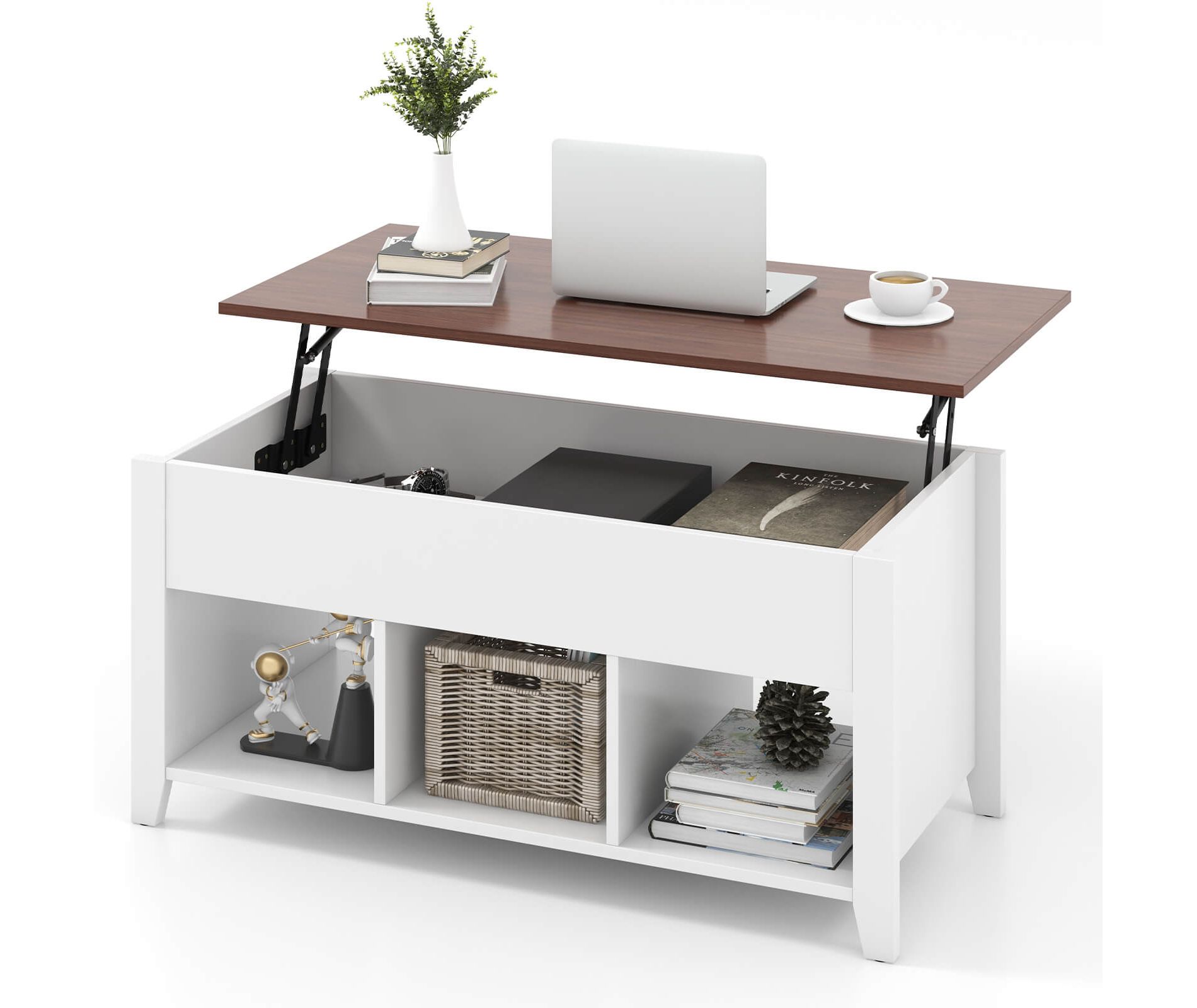 Costway Lift Top Coffee Table w/ Hidden Compartment and Storage Shelves Modern Furniture White