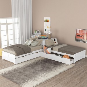 Double Twin Size L-shaped Platform Bed with Trundle and Drawers - 1 of 4