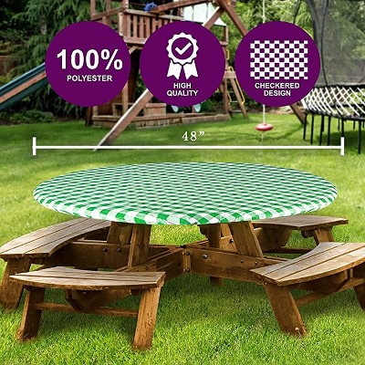 Green Checkered Vinyl Round Fitted Tablecloth with Elastic