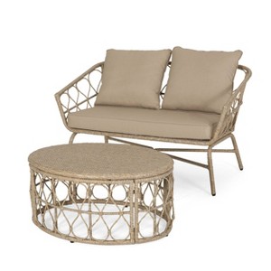 2pc Bruce Outdoor Wicker Loveseat & Coffee Table: Boho-Inspired, UV & Weather-Resistant - Christopher Knight Home - 1 of 4