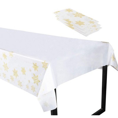 Juvale 3 Pack Christmas Party Plastic Tablecloths, Gold Snowflake Holiday Design (54 x 108 in)