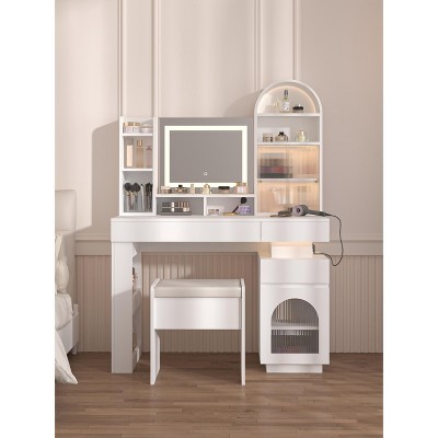 Arched Vanity Desk with Mirror and Lights, White Makeup Vanity Table with 3 Drawers and 11 Storage Shelves