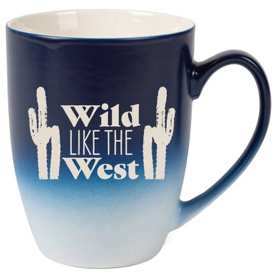 100 North Cactus Design 10 Ounce Navy Blue and White Two Toned Ombre, Comfortably Fits Your Hands, Ceramic Tea Coffee Cup Mug, Wild Like The West
