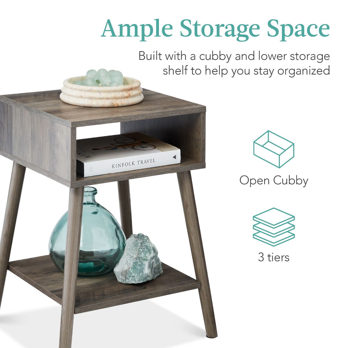 Best Choice Products Set of 2 Mid-Century Modern End Tables w/ Cubby Storage, Lower Shelf, Offset Legs - Gray Oak - thumbnail 4