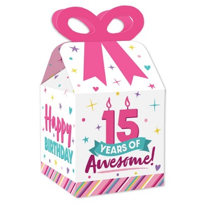 Big Dot of Happiness Girl 15th Birthday - Square Favor Gift Boxes - Teen Birthday Party Bow Boxes - Set of 12