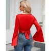 Women's V Neck Long Bell Sleeve Top Wrap Blouse Tie Front Crop Top Long Sleeve Top Tee Shirts - 4 of 4
