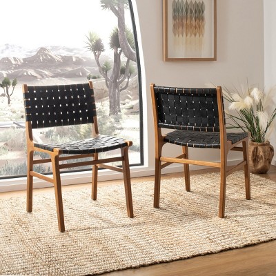 Taika Black Woven Leather and Natural Wood Dining Chair Set