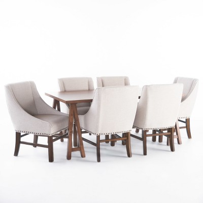 7pc Sabine Farmhouse Dining Set Walnut/Natural - Christopher Knight Home: Rectangle Table, 6 Upholstered Chairs