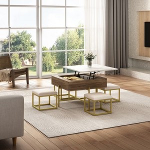 Lift Top Coffee Table with Hidden Storage, Modern Square Center Table with 4 Ottomans, Wood Cocktail Table Center Table for Living Room White - 1 of 4