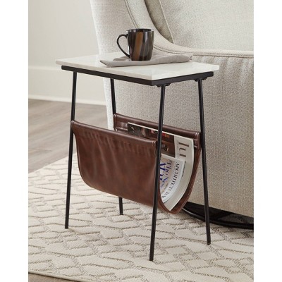 Transitional Black Metal & White Marble Side Table with Brown Faux Leather Magazine Holder