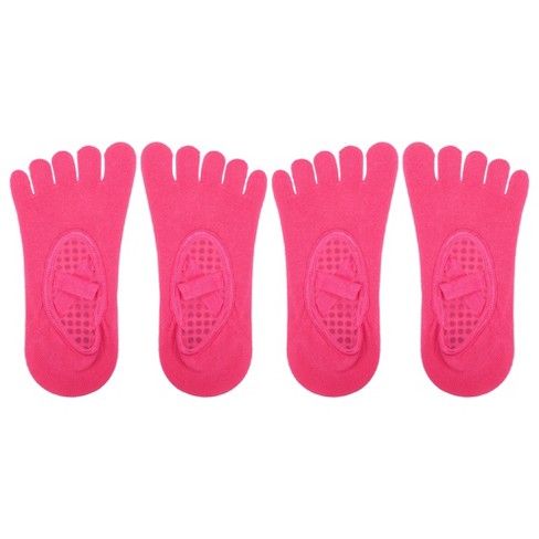 Unique Bargains Non-Slip Yoga Socks Five Toe Socks Pilates Barre for Women  with Grips Rose Red 2 Pair