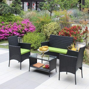 4 PC Rattan Patio Furniture Set Outdoor Patio Cushioned Seat - 1 of 4