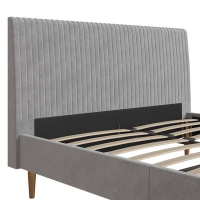Daphne Light Gray Velvet Upholstered Bed with Brass Toned Legs