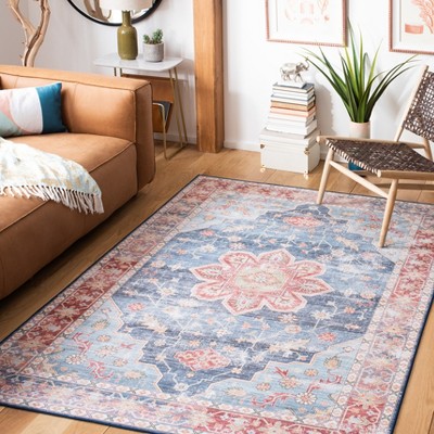 Blue and Rust Round Synthetic Washable Area Rug