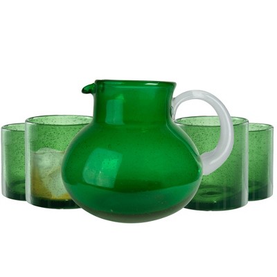 Artland Iris 90oz Hand Blown Pitcher & Set of 4 14oz DOF Glasses, Lead-Free Bubble Shape Glassware for Stylish Serving and Dining