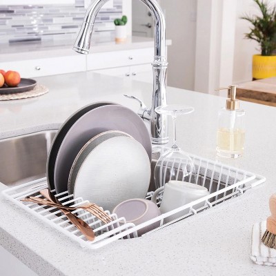 White Adjustable Over-the-Sink Metal Dish Drainer with Utensil Cup