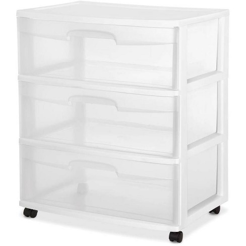 Sterilite Wide 3 Drawer Storage Cart, Plastic Rolling Cart With Wheels To  Organize Clothes In Bedroom, Closet, White With Clear Drawers, 2-pack :  Target