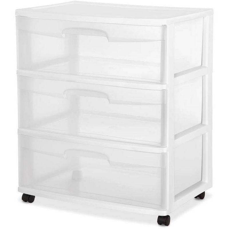 Sterilite Wide 3 Drawer Storage Cart, Plastic Rolling Cart with Wheels to Organize Clothes in Bedroom, Closet, White with Clear Drawers, 2-Pack, 1 of 4