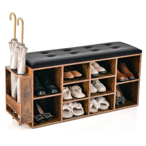 Costway Wooden Shoe Bench 10-cube Storage Organizer With Padded Cushion &  Umbrella Holder : Target