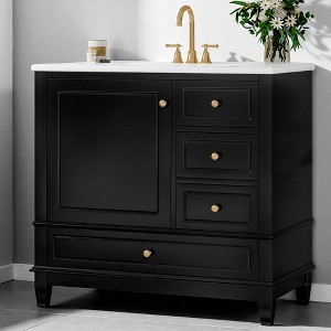 36-Inch Freestanding Bathroom Vanity with Ceramic Sink, Soft-Close Drawers, Side Cabinet Storage,Single Sink Vanity - 1 of 4