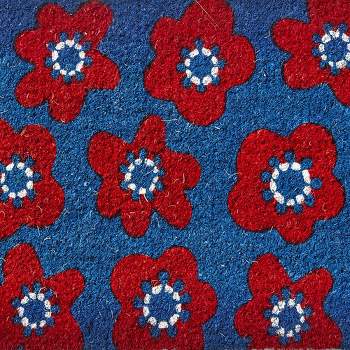 TAG 1'6"x2'6" Happy Flower All Over Red Flower Print Rectangle Indoor and Outdoor Coir Door Mat on Bright Blue Background
