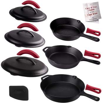 Cuisinel Cast Iron Skillet Set with Lids - 8"+10"+12"-inch Pre-Seasoned Covered Frying Pan Set + Silicone Handle and Lid Holders + Scraper/Cleaner
