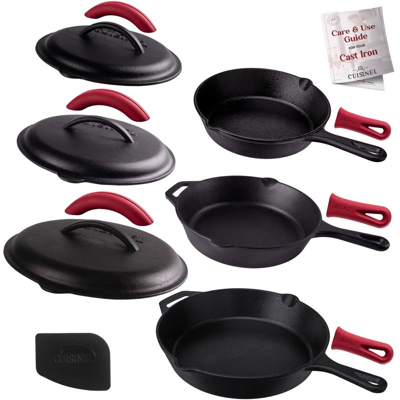 Cuisinel Cast Iron Skillet Set with Lids - 8"+10"+12"-inch Pre-Seasoned Covered Frying Pan Set + Silicone Handle and Lid Holders + Scraper/Cleaner, 1 of 5