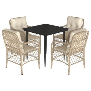 vidaXL 5 Piece Patio Dining Set - Beige Poly Rattan/PE Wicker, Tempered Glass Top, Cushions Included, Garden/Patio Furniture - 1 of 4