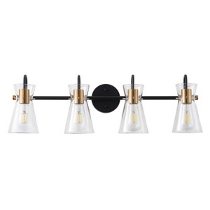 Dewdrop Minimalist 3-Light Vanity Wall Fixture, Black and Gold Industrial Sconce with Clear Glass Lampshades - 1 of 4