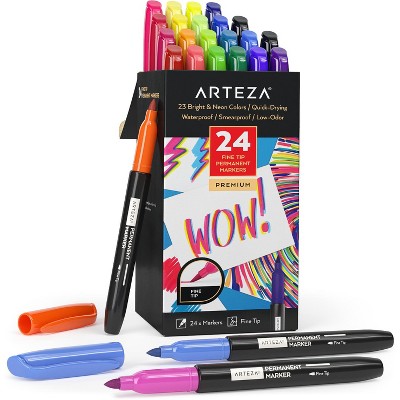 Arteza Set of 24 Permanent Markers, Brights & Neon Assorted Colors, Acrylic Fine Nib (ARTZ-4428)