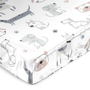 Sweet Jojo Designs Boy, Girl, Unisex/Gender Neutral Satin Fitted Crib Sheet Cartoon Puppy Grey Taupe and Blue - 1 of 4