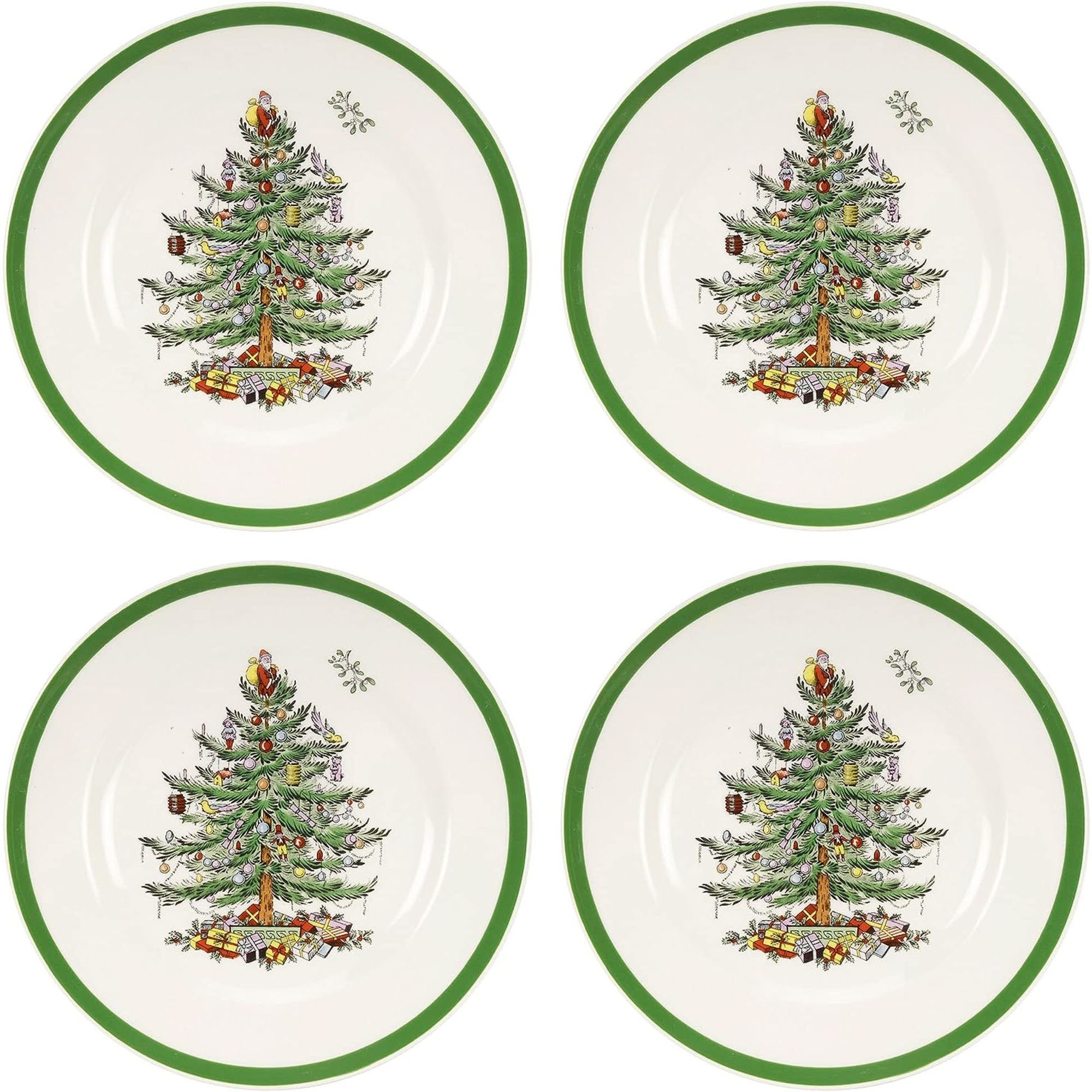 Spode Christmas Tree 8" Salad Plate Set of 4- Stoneware Plate with Christmas Tree Design, Green Bordered Edges, Microwave, Dishwasher & Oven Safe