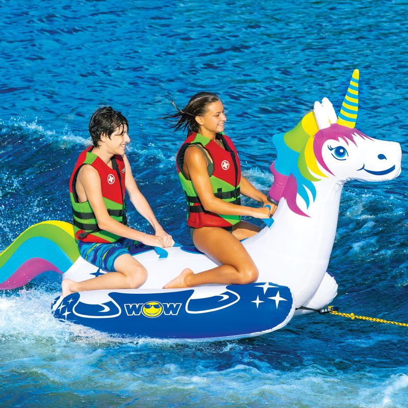 Wow Watersports Giant Rainbow Unicorn 2 Person Rider PVC Inflatable Pontoon Boating Ride On Lake Boat Towable Tube with 340 Pound Capacity, 4 of 5