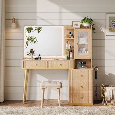 Makeup Vanity Desk with Mirror, Adjustable 3-Color LED and Charging Outlet
