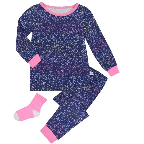 Sleep On It Infant/Toddler Girls Unicorn Kitty Snug Fit 2-Piece Pajama  Sleep Set With Matching Socks - Navy, 2T