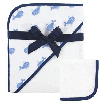Hudson Baby Infant Boy Cotton Hooded Towel and Washcloth 2pc Set, Whale, One Size