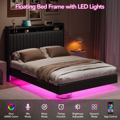Black Queen Upholstered Floating Bed Frame with LED Lights and Storage