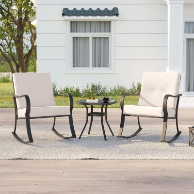 Sonkuki 3 Pieces Patio Bistro Set, Outdoor Funiture Set with 2 Rocking Chairs, Tempered Glass Top Coffee Table and Cushion