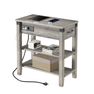 End Table with USB Ports & Outlets, Narrow Side Table with Flip Top, Drawer, and Storage Shelves for Bedroom or Living Room