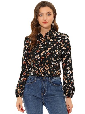 Allegra K Women's Puff Sleeve Floral Top Long Sleeve Button Down Shirt ...